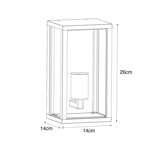 Maßzeichnung einer rechteckigen Außenwandleuchte in Laternenform mit den Maßen 26 Zentimeter Höhe, 14 Zentimeter Breite und 14 Zentimeter Tiefe.