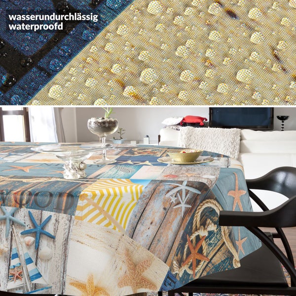 Wasserdichte Tischdecke mit maritimen Motiven wie Seesternen und Seilen auf einem runden Tisch sowie in einer Detailansicht mit Wassertropfen.