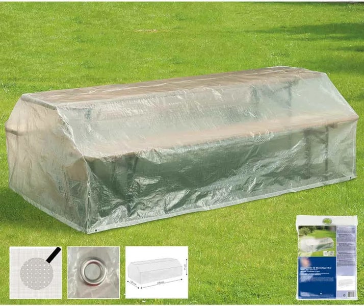 Durchsichtige Schutzhülle für Festzeltgarnitur aus Gewebe, wetterfest, inklusive Ösen und Verpackung mit Produktinformationen.