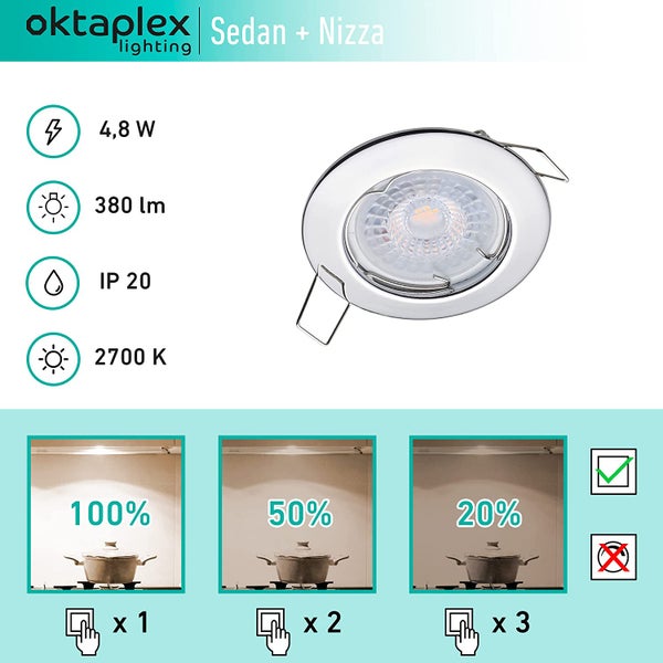 Oktaplex Lighting 3er Set LED Spot Sedan - 3 Stufen dimmbar - 4,8W 2700K 230V 380lm Warmweiß 120° - Deckenspots Chrom Lochmaß 60mm