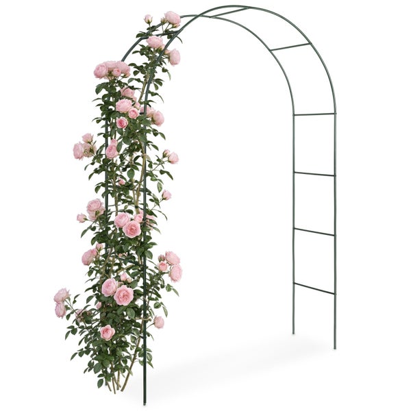 Ein runder Metall Rosenbogen mit einer Kletterrose mit vielen rosafarbenen Blüten als Rankhilfe für den Garten.