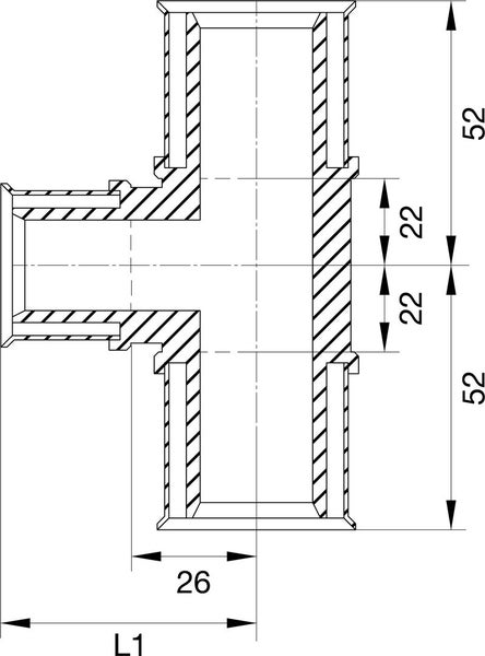 Technische Zeichnung eines T-Stücks mit Maßangaben in Millimetern.
