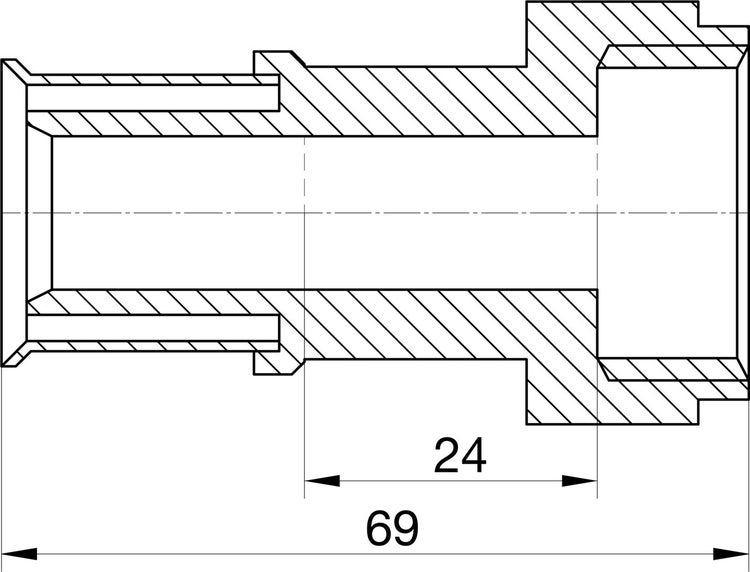 Technische Zeichnung eines Rohrverbindungsstücks mit den Maßen 24 und 69 Millimeter.