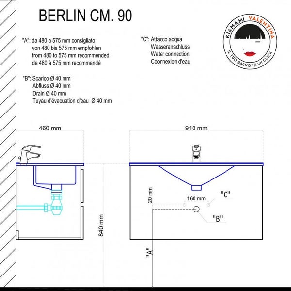 Technische Zeichnung Waschbeckenunterschrank Berlin CM 90 mit Maßangaben
