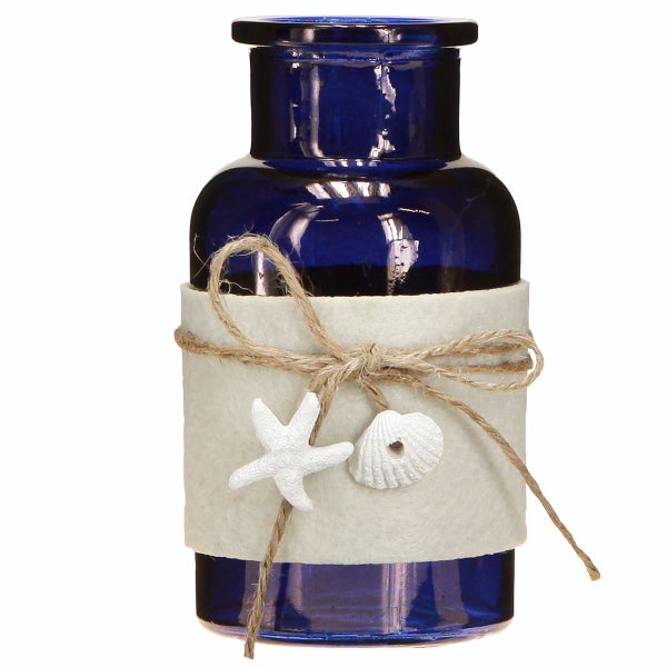 Dekorative blaue Glasvase mit Seestern- und Muscheldekoration