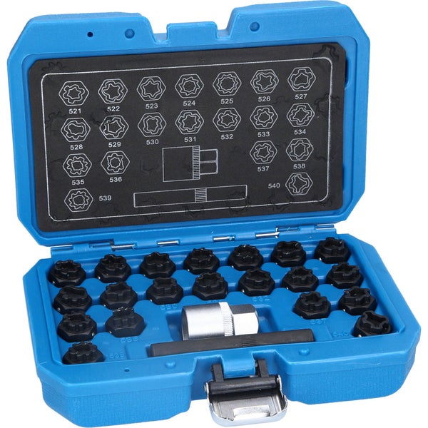 Offener blauer Werkzeugkasten mit Nüssen