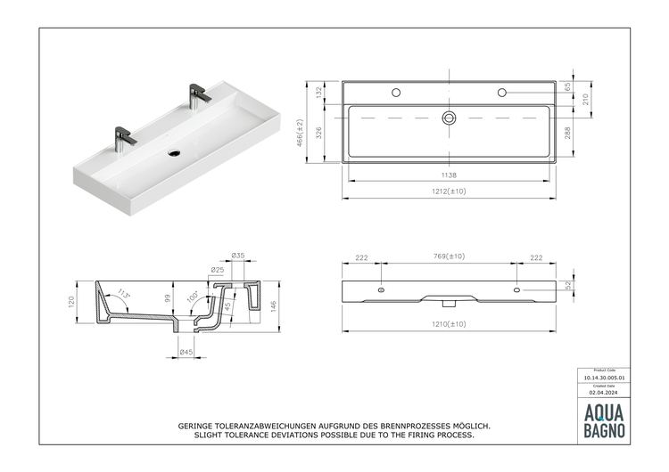 Technische Zeichnung eines weißen Waschbeckens mit Maßangaben