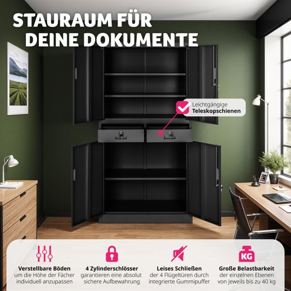 Aktenschrank tectake  180 x 80 x 40 cm aus pulverbeschichtetem Stahl schwarz/schwarz
