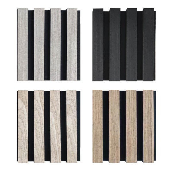 Vier Akustikpaneele mit Holzlamellen in verschiedenen Holzoptiken zur Wand und Deckenverkleidung.