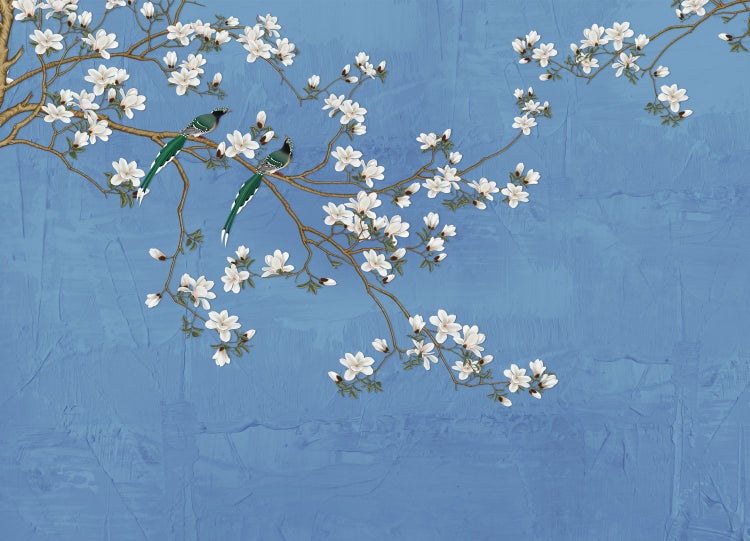 Dekoratives Wandbild mit Blüten und Vögeln auf Ästen