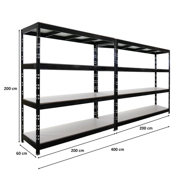 Schwarzes Steckregal mit vier Regalböden und den Maßen 200 x 60 x 200 cm.