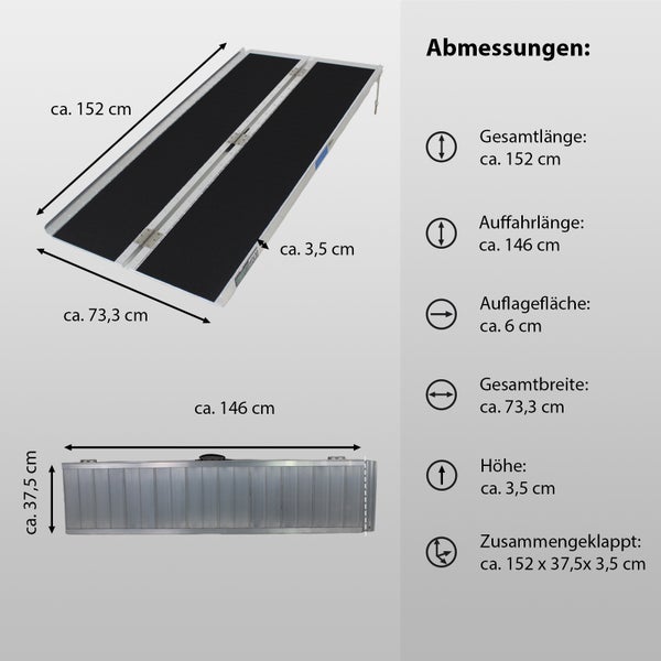 TRUTZHOLM Rollstuhlrampe klappbar 152 cm Traglast 272 kg Alu grau schwarz beschichtet Auffahrrampe