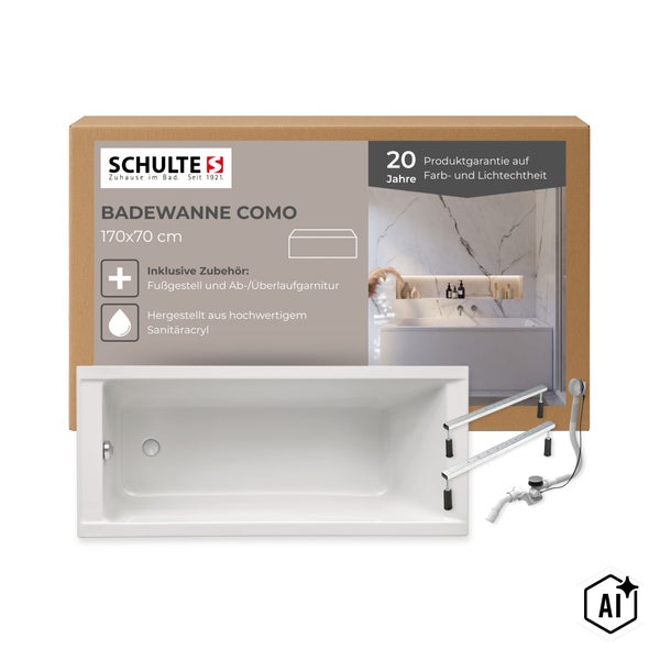Schulte Badewanne Como 170 mal 70 Zentimeter aus Sanitäracryl inklusive Fußgestell und Ab- und Überlaufgarnitur in einer Produktverpackung
