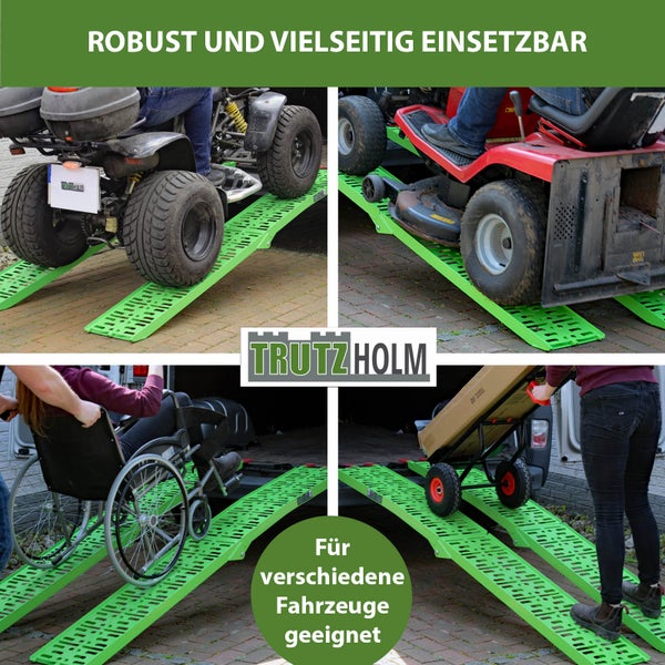 Mehrfachansicht von verschiedenen Fahrzeugen, die auf robusten und vielseitig einsetzbaren Rampen für verschiedene Fahrzeuge stehen.