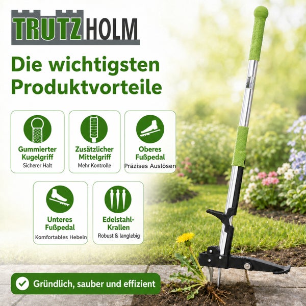 Trutzholm Unkrautstecher aus Edelstahl mit ergonomischen Griffen, Fußpedal und Krallen zur effizienten und rückenschonenden Unkrautentfernung.