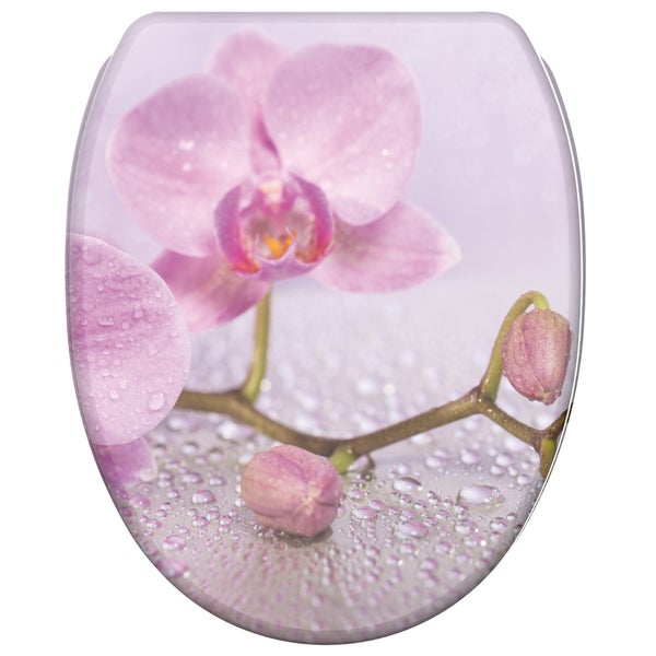 Toilettensitz mit Motivdruck einer Orchidee und Wassertropfen