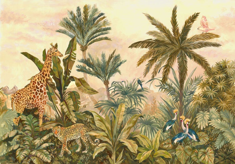Illustration einer Dschungelszene mit Giraffe, Leopard, Palmen und Vögeln
