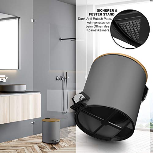 VMbathrooms 5L Kosmetikeimer in edlem grauem Design | Tretmülleimer mit Absenkautomatik (Soft Close) | Eleganter Eimer fürs Bad mit Innenbehälter und Bambus-Holzdeckel
