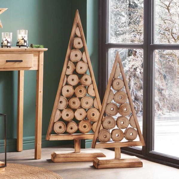 FRANK FLECHTWAREN | Holzdeko Tannenbaum, 2er Set, 38 x 10 x 80 cm, 47 x 12 x 110 cm, HOLZ, PAULOWNIA