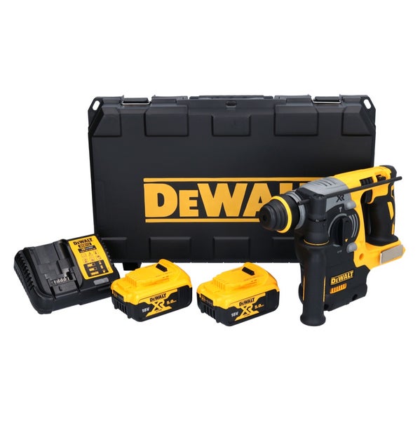 DeWalt Akku-Bohrhammer-Set mit zwei 18 Volt Akkus, Ladegerät und schwarzem Transportkoffer.