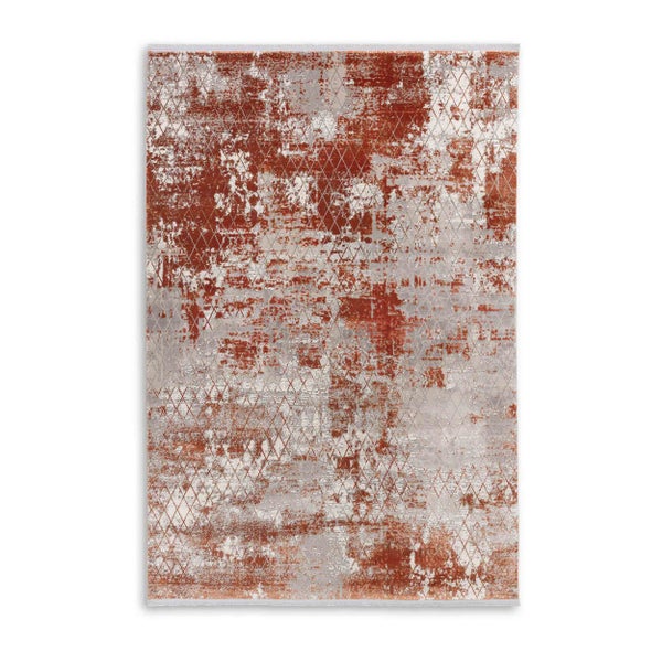 Rechteckiger Teppich im Vintage-Stil mit Rautenmuster in Terrakotta und Grau.