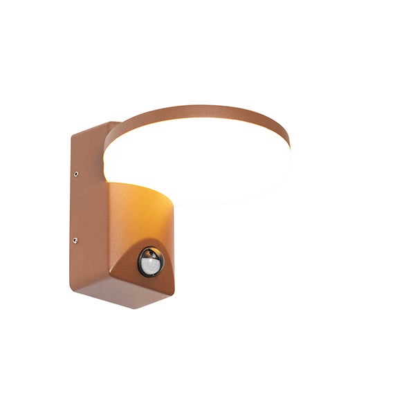 Außenwandleuchte mit Bewegungsmelder, rundes LED-Paneel, braunes Metallgehäuse.