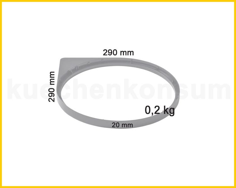 Grauer Einbaurahmen aus Kunststoff, Maße 290 mal 290 Millimeter, Höhe 20 Millimeter, Gewicht 0,2 Kilogramm.