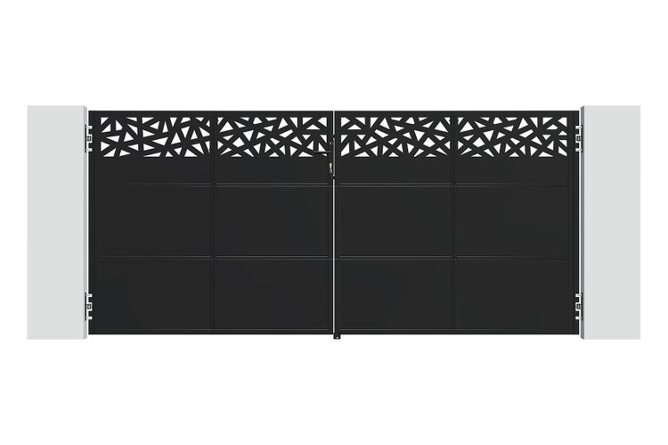 Zweiflügeliges Einfahrtstor aus Metall in Schwarz mit dekorativem geometrischem Muster im oberen Bereich.