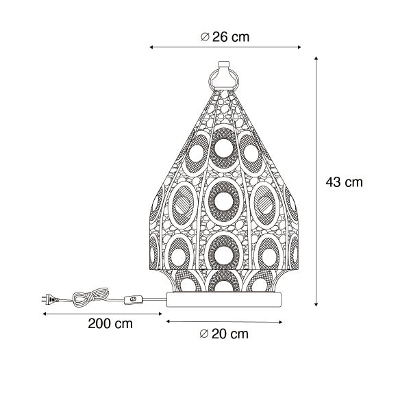 Skizze einer Tischleuchte mit den Maßen Durchmesser 26 Zentimeter, Höhe 43 Zentimeter und Kabellänge 200 Zentimeter