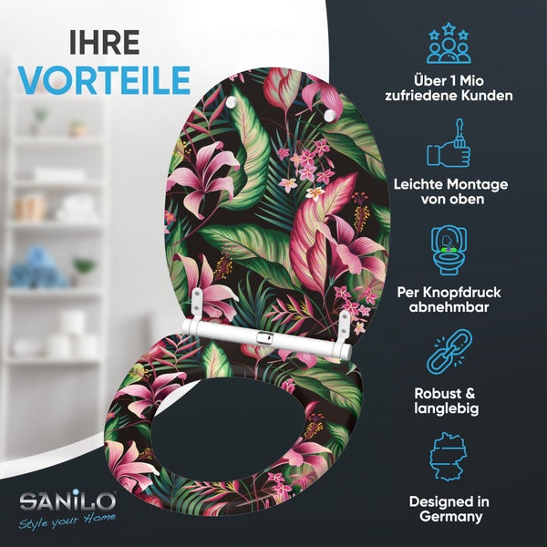 Sanilo WC Sitz mit tropischem Blumenmuster und Montagevorteilen inklusive Übersicht der Produktmerkmale