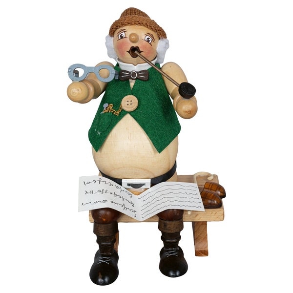 Räuchermann als Opa auf einer Bank sitzend mit Brille und Pfeife, handbemalte Holzfigur als Weihnachtsdekoration