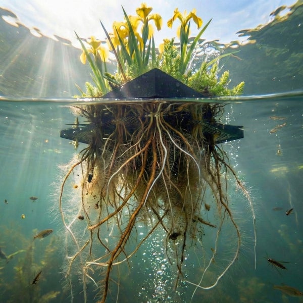 Helle Ansicht einer Schwimminsel für Teichpflanzen mit Schwertlilien über Wasser und einem ausgeprägten Wurzelsystem sowie kleinen Fischen unter Wasser.