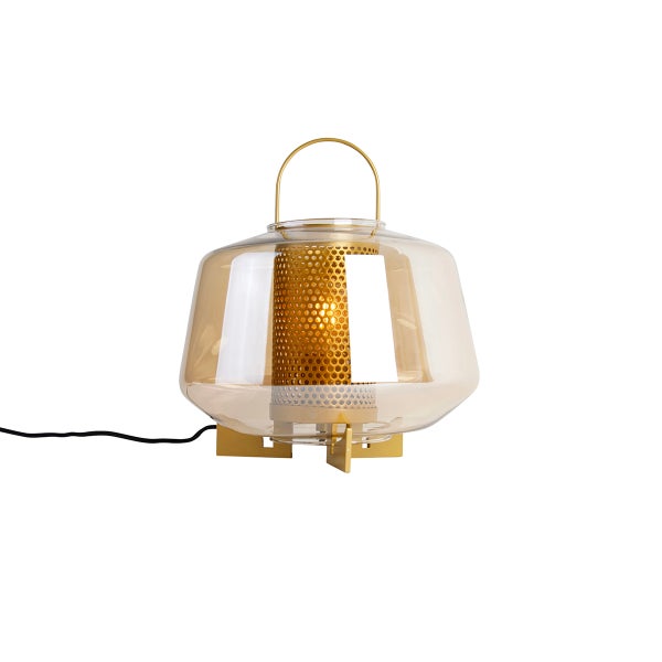 Tischleuchte mit Glaslampenschirm und Metallgestell