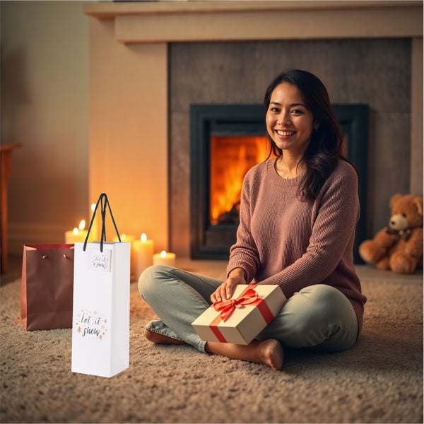 Frau sitzt mit Geschenk und Geschenktüten vor einem Kamin