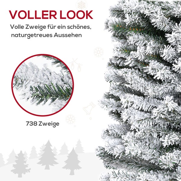 Künstlicher Weihnachtsbaum mit dichten, schneebedeckten Zweigen und 738 Zweigspitzen für ein volles Aussehen.