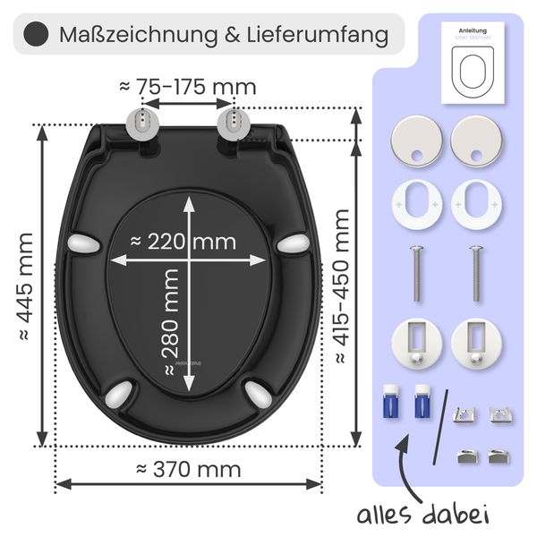 Maßzeichnung und Lieferumfang eines schwarzen WC-Sitzes mit zugehörigen Maßen und Montagezubehör.
