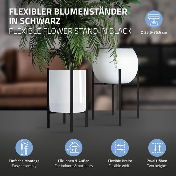 ML-Design Blumenständer, Schwarz, 22-30x22-30x40,5 cm, verstellbar, Moderne Blumentopfständer, Robuste Pflanzenständer aus Metall, Größenverstellbar Blumentopfhalter, Pflanztopf Deko, Blumenhalter
