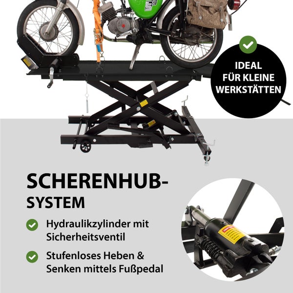 Scherenhubsystem mit Motorrad auf Hebebühne, ideal für kleine Werkstätten