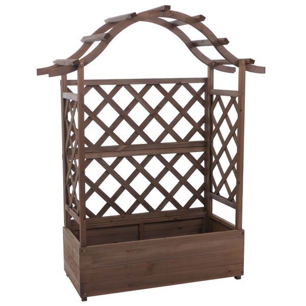 Rosenbogen aus Holz mit integriertem Pflanzkasten und Rankgitter für Kletterpflanzen.