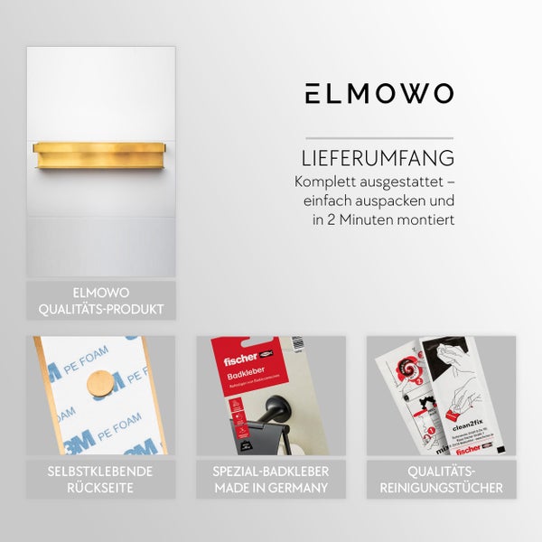 Produktübersicht von Elmowo Badaccessoires mit Wandhalterung, selbstklebender Rückseite, Spezialbadkleber und Reinigungstüchern.