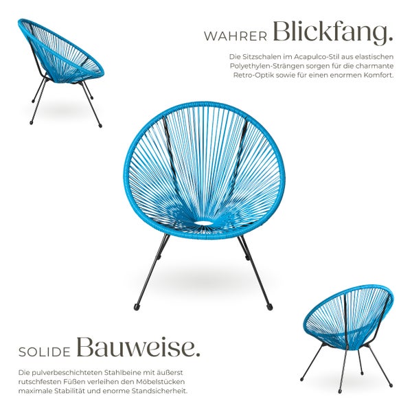 2er Set Gartenstuhl tectake Santana Belastbarkeit 120 kg, 70,5 x 69 x 78 cm Retro-Design im Acapulco-Stil blau
