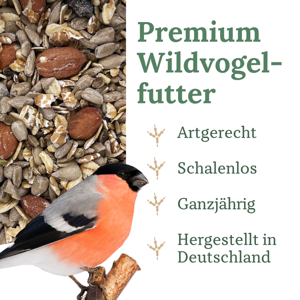 Inhaltsstoffe von Vogelfutter bestehend aus geschälten Sonnenblumenkernen, Haferflocken, Erdnüssen, Rosinen, Fetten, Getreide, Hanf und Saaten.