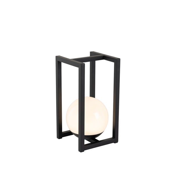 Schwarze Tischleuchte aus Metall mit innenliegender weißer Glaskugel in modernem Design.