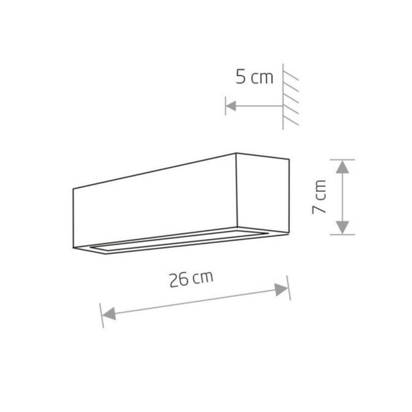 Maßskizze einer rechteckigen Wandleuchte mit einer Länge von 26 Zentimetern, einer Höhe von 7 Zentimetern und einem Wandabstand von 5 Zentimetern.