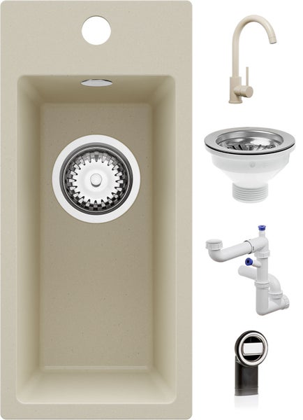 Küchenspüle Set bestehend aus Spülbecken, Küchenarmatur, Siebkorbventil, Siphon und Überlauf.
