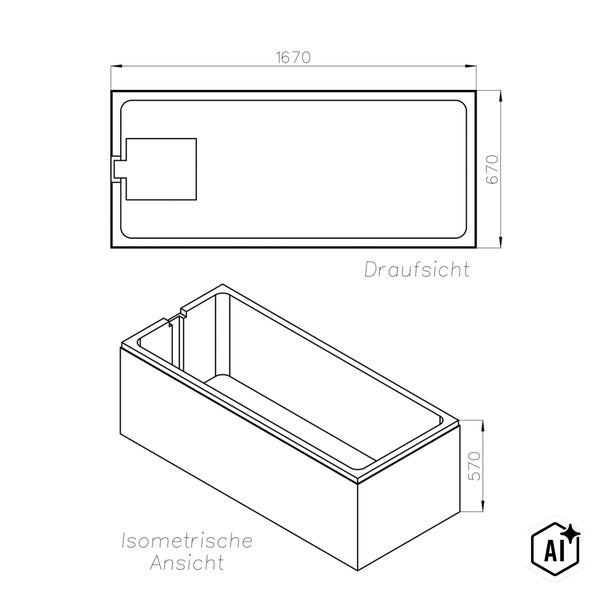 Technische Zeichnung einer rechteckigen Badewanne mit Maßen von 1670 mal 670 mal 570 Millimetern in Draufsicht und isometrischer Ansicht.