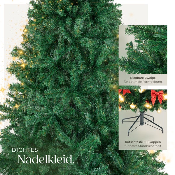 Künstlicher Weihnachtsbaum mit dichtem Nadelkleid, biegbaren Zweigen zur Formgebung und Metallständer mit rutschfesten Fußkappen für Stabilität.