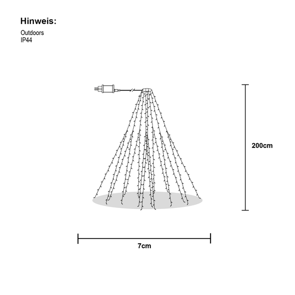 Abbildung einer Lichterkette mit den Maßen 200 cm Höhe und 7 cm Breite, geeignet für den Außenbereich mit Schutzart IP44