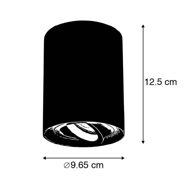 Zeichnung einer Deckenleuchte mit den Maßen 9,65 cm Durchmesser und 12,5 cm Höhe