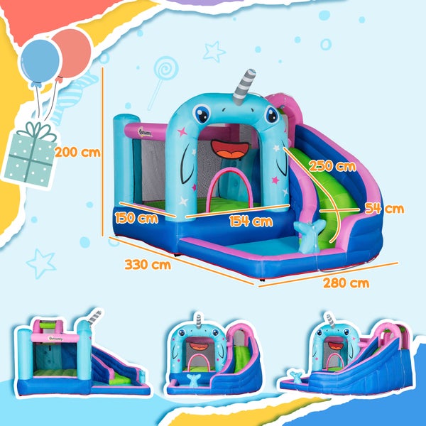 Outsunny Aufblasbare Hüpfburg mit Gebläse, Wasserspielcenter inkl. Sicherheitsnetz, Wasserrutsche, Spielburg Wasserpark für Kinder 3 bis 8 Jahre, 330 x 280 x 200cm